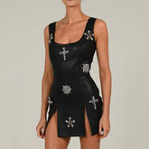 High-Quality PU Leather Diamond Bodycon Mini Dress - Spring-Summer Fashion